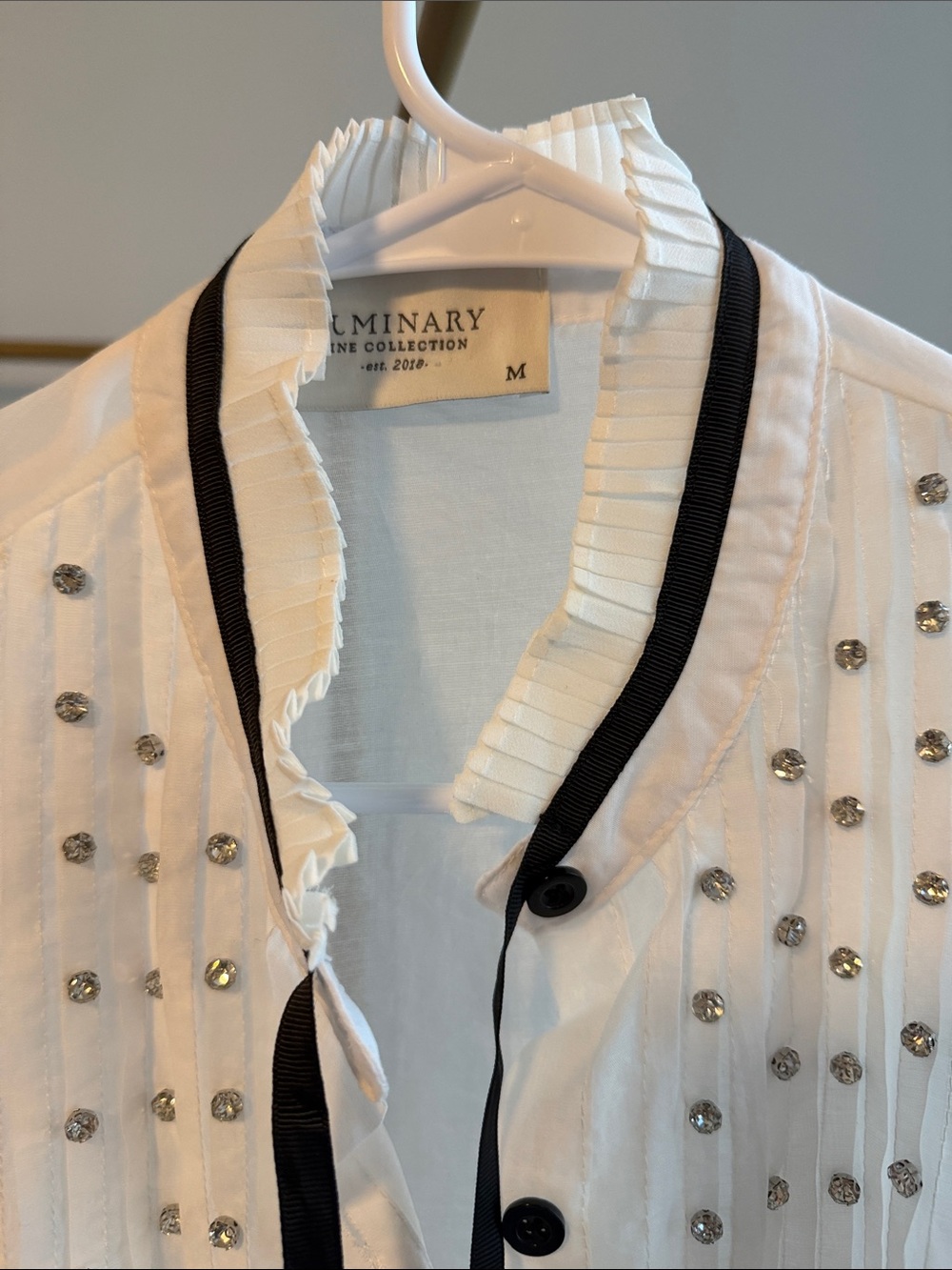 White Embellished Button-Down Shirt with Black Trim - Picture 2 of 2